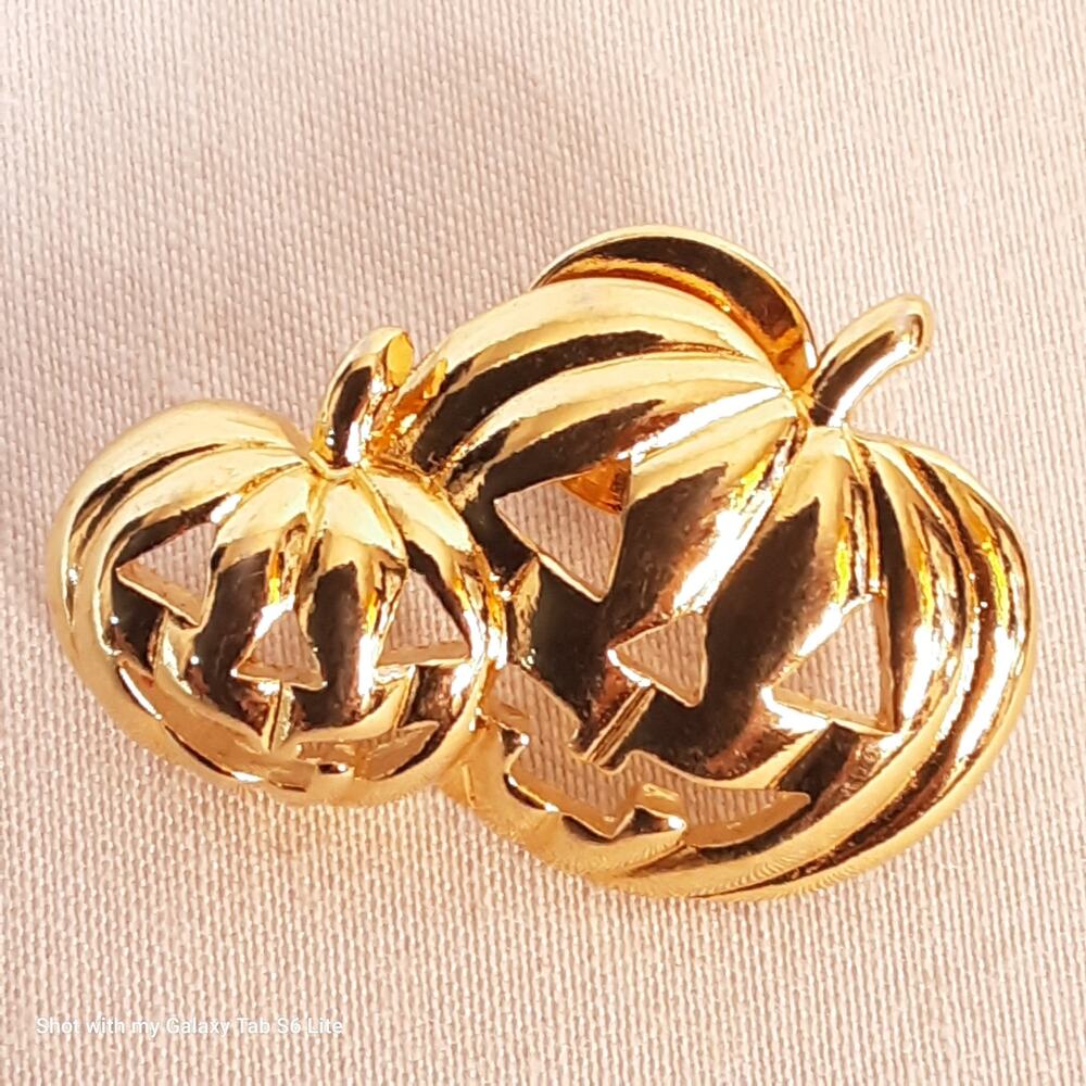 💎Unsigned Avon Halloween Pumkins Brooch Gold Tone Metal